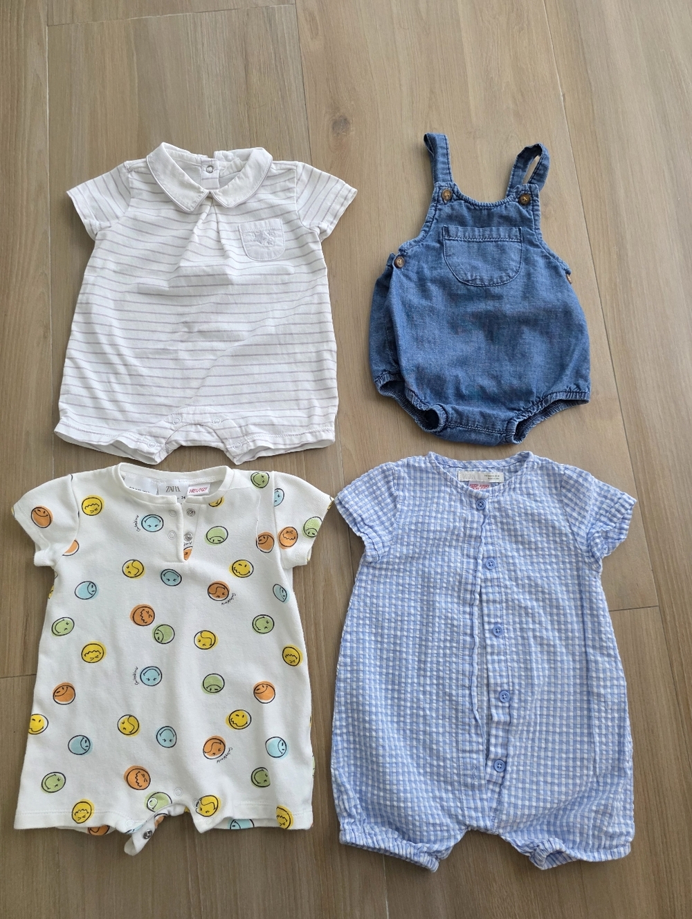 Zara Baby Boy Romper Bundle 3-9M | Smiley World, Denim Overall + Cotton Juice